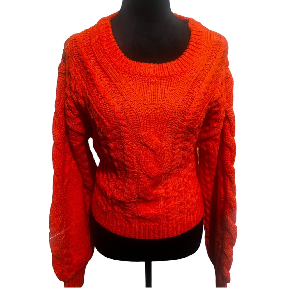 Hera Collection Womens Orange Cable Knit Cropped Sweater Crew Neck-NWT